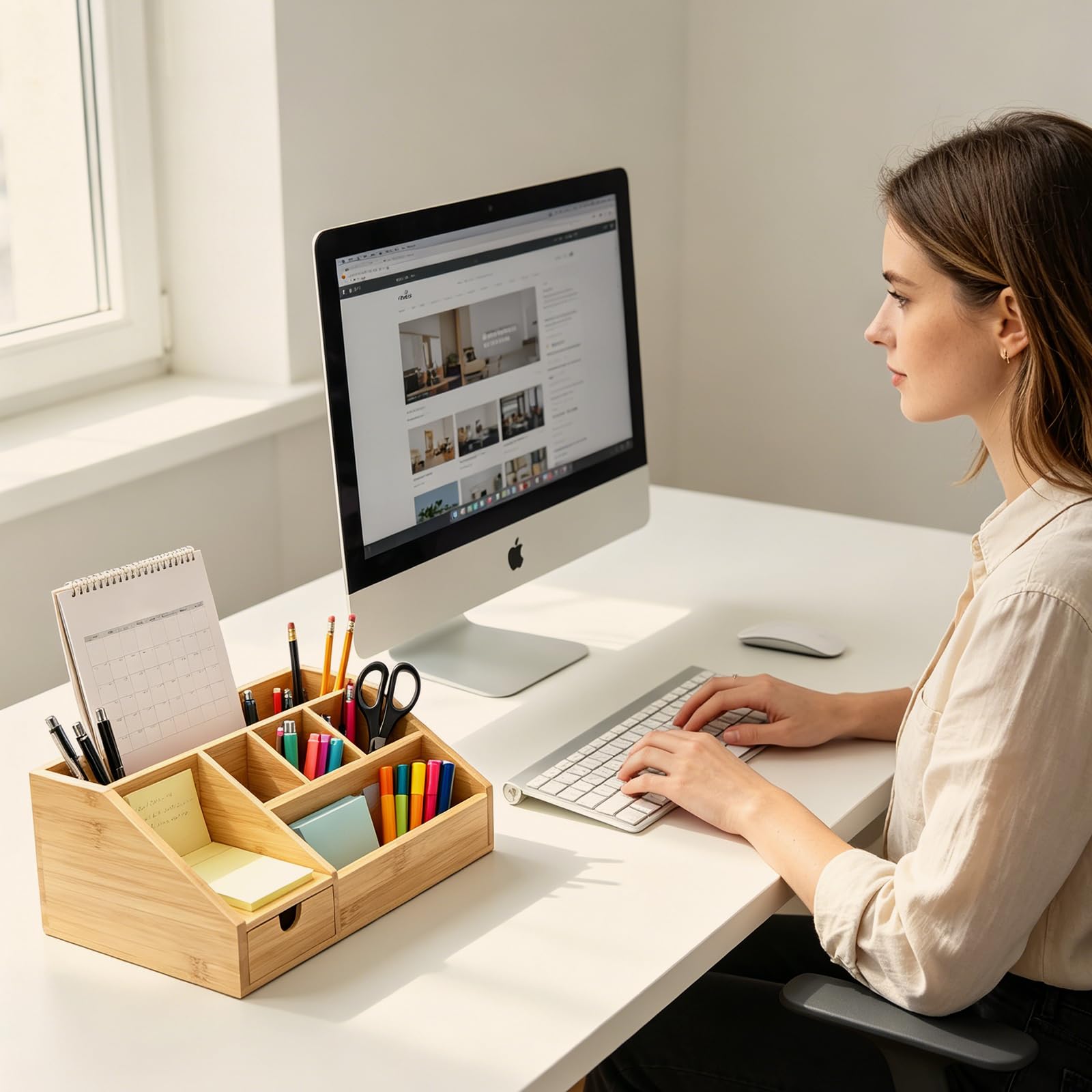 Organiseur de Bureau en Bambou avec Tiroir – Boîte à Crayons, Design Trapézoïdal, Rangement pour Home-Office, Couleur Naturel