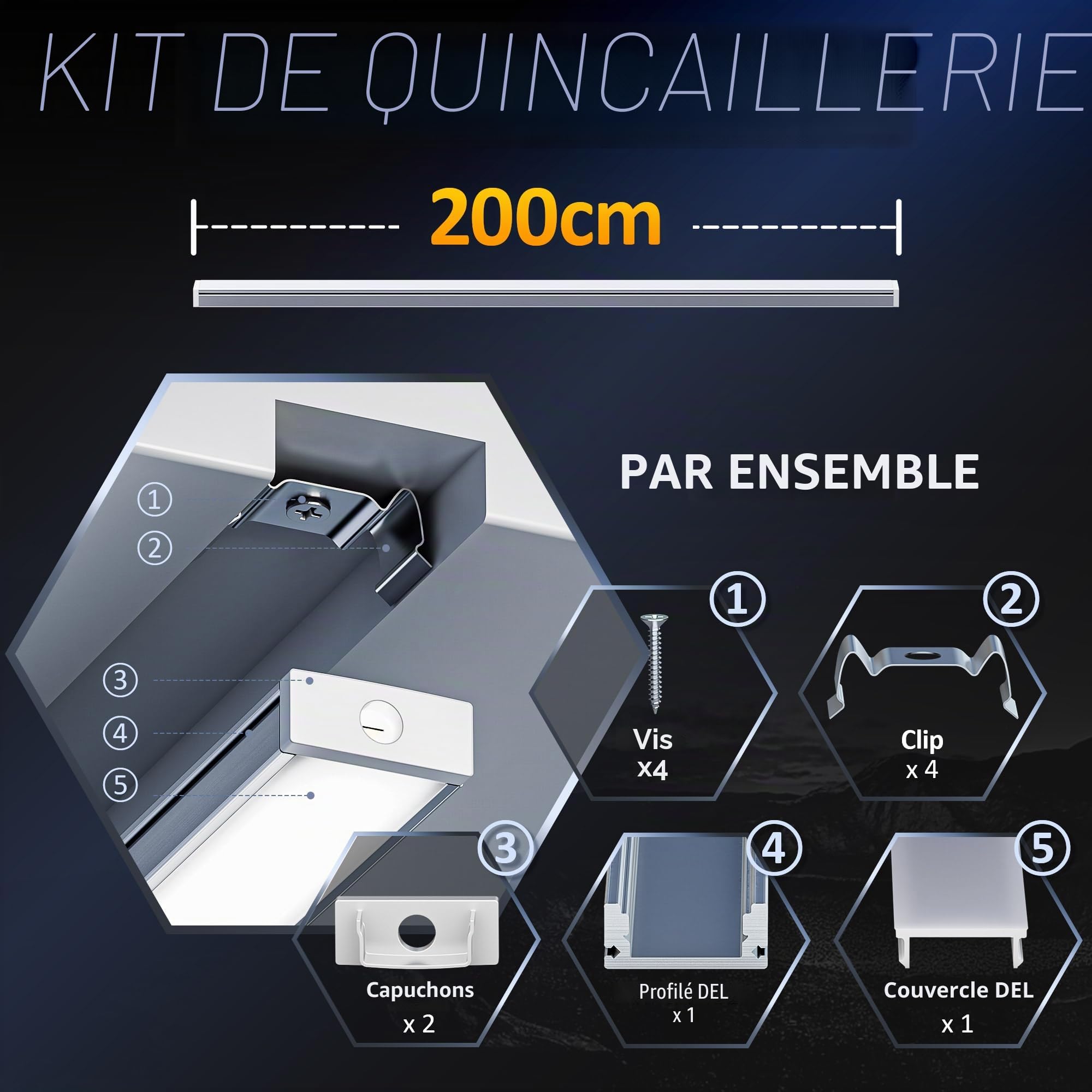5 x Profilés en Aluminium pour Bandes LED 2 m (Total 10 m), Canaux LED en Forme de U max Ruban Led 12 mm, avec Couvercle Blanc Crème Diffuseur LED, Metal Mounting Clips - 2000 x 17,4 x 7 mm