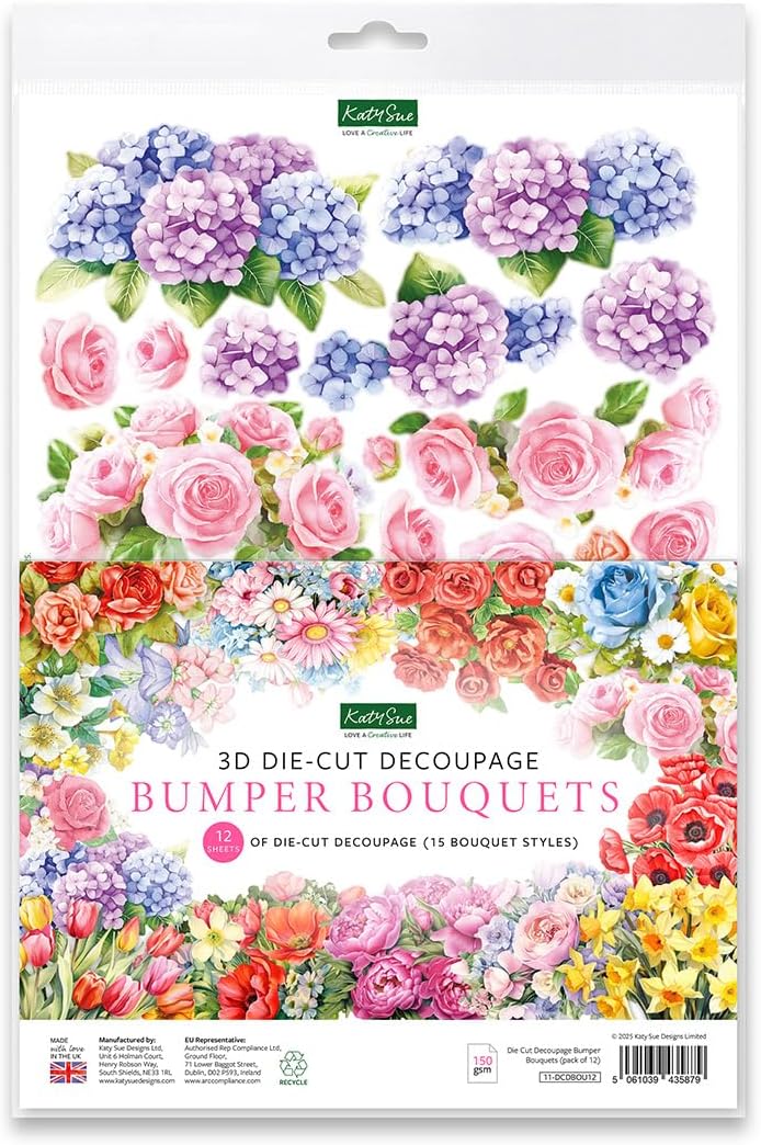 Katy Sue Die Cut Decoupage – Bumper Bouquets (Pack of 12) – Floral Bouquet Designs for Layered Card Making – Premium 150gsm Paper – UK Made Card Making Supplies