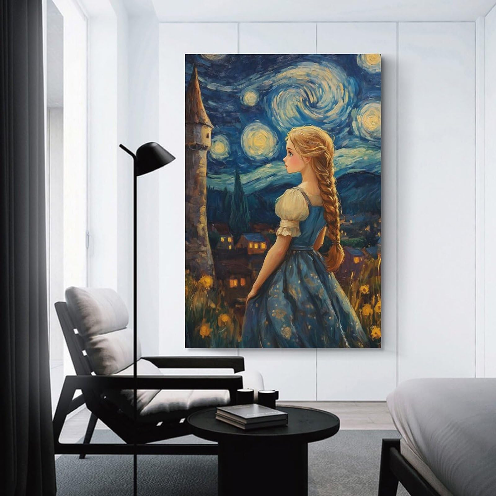 Junmoney Canvas Wall Picture Starry Night Girl, 20x30inch(50x75cm), for Home Lounge, Bedroom Or Reading Nook, A Home Accent with Warm Character