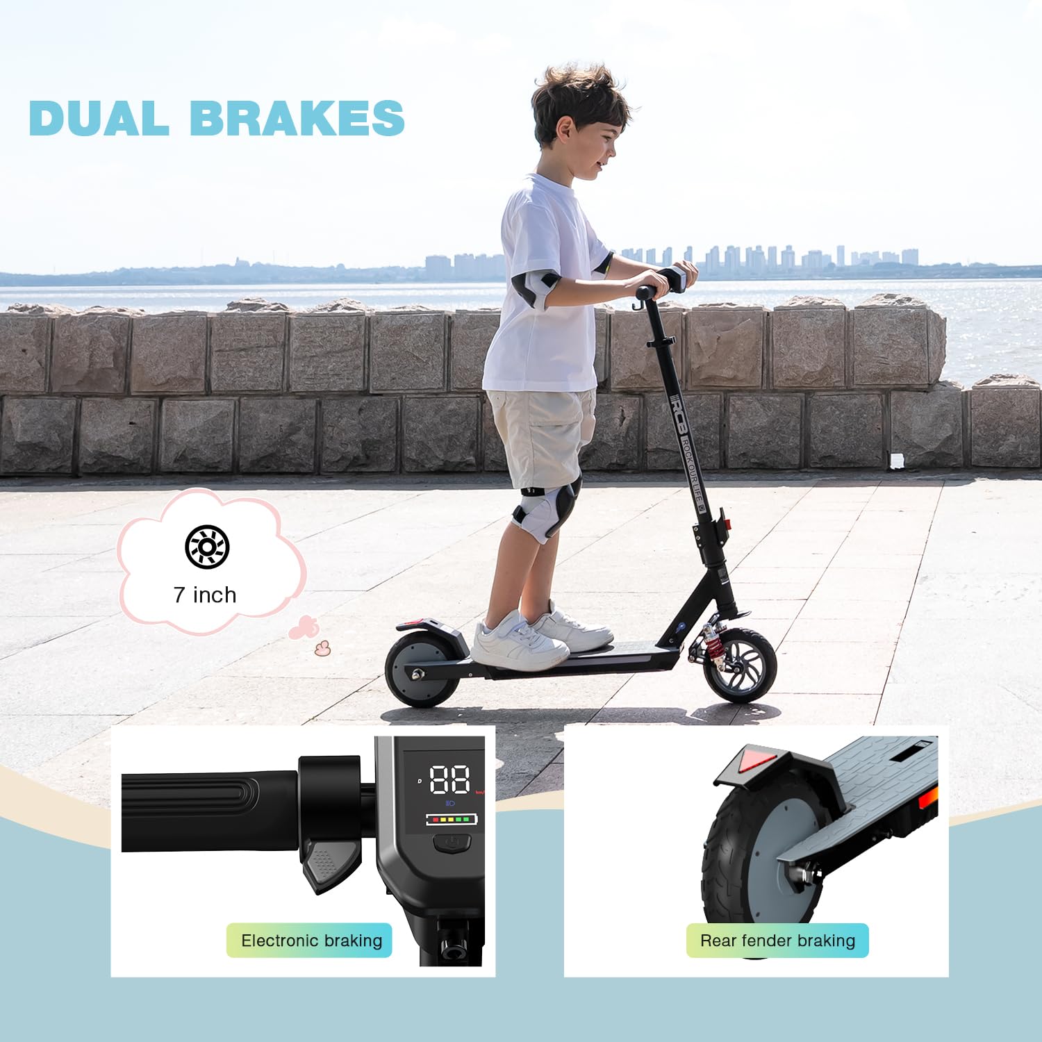 RCB R12 MAX E-Scooter Kinder 6-12 Jahren, bis zu 18km/h &15km, 7 Zoll Faltbar Elektroroller,Stoßdämpfung,Höhenanpassung,Bunte Leuchten,LED Display,Doppelte Bremsen, Geschenk für Kinder