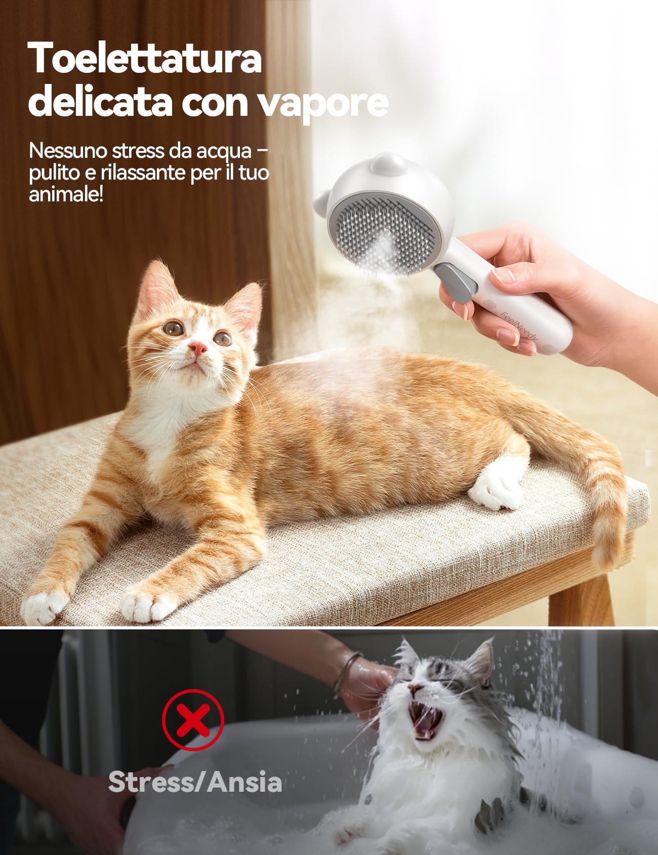 FEELNEEDY Spazzola a Vapore per Gatti, Ricaricabile Spazzola a Vapore per Cani con Pulsante di Rilascio, per Peli Lunghi e Corti Gatto Cane