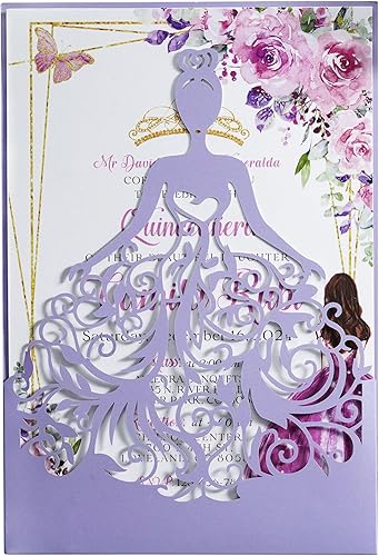 ponatia 25 tarjetas de invitación de quinceañera de corona lila durante 15 años, dulces 16, XV ANOS, tarjetas de invitación de cumpleaños cortadas