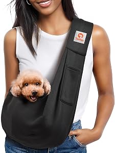 Tomkas Small Dog Sling Carrier - Adjust. Strap & Zip Pocket - Suitable for Puppies (Black, M - Classic Pocket & Classic Strap)