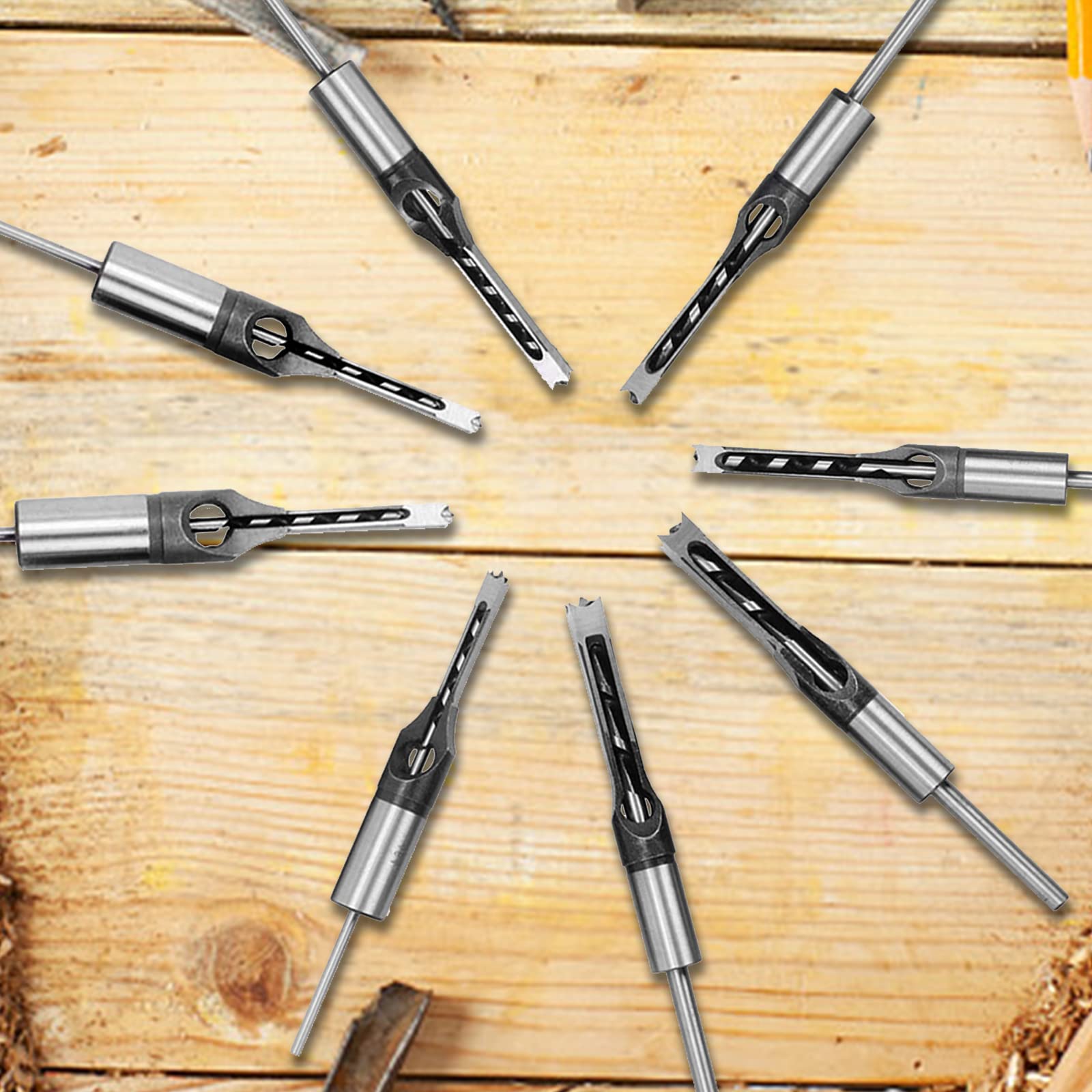 8 Pezzi Trapano Foro Quadrato Mortasatrice Scalpello Set, Punte per Trapano a Foro 6mm/6,4mm/8mm/9,5mm/11mm/12,7mm/14mm/16mm Punte per Trapani per Legno Quadrato per Trapano Legno