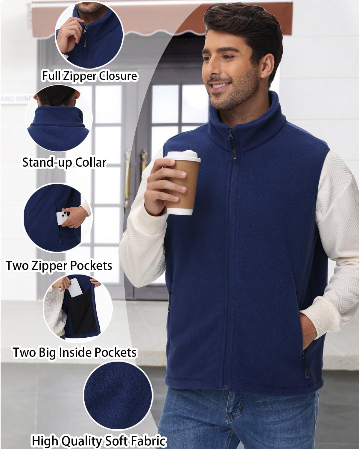 JIHUILAI Mens Polar Fleece Lightweight Vest With Zipper Pockets Warm Men's Zip Up Vests Outerwear Winter Sleeveless Jacket - Image 6