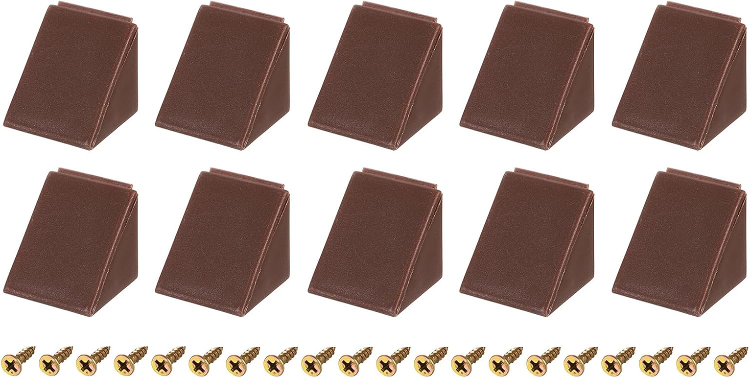 uxcell 10Pcs 90 Degree Plastic Corner Braces with Cover Cap, 23x23x23mm Nylon Shelf Right Angle Brackets with Screws for Cabinets, Cupboards (Brown)