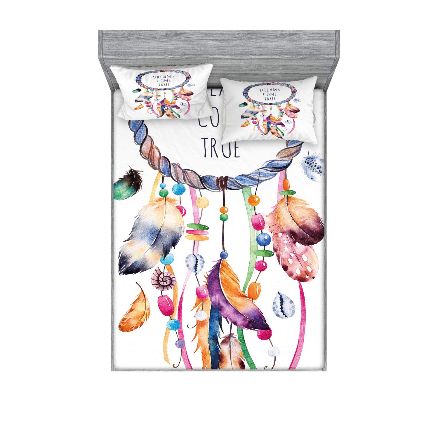 Ambesonne Feather Fitted Sheet & Pillow Sham Set, Dream Catcher Illustration Bohemian Style Image, Decorative Printed 3 Piece Bedding Decor Set, Calking, Plum Apricot