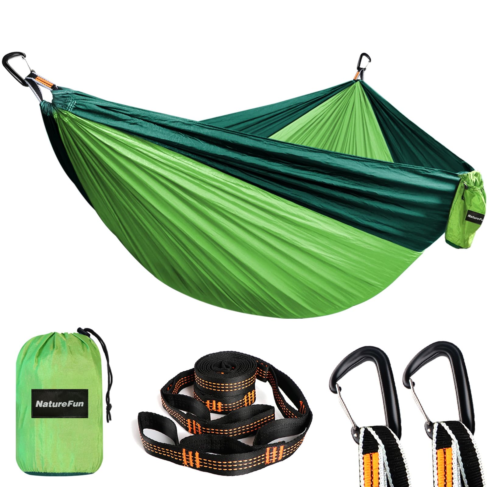 NATUREFUN Ultraleichte Reise Camping Hängematte | 300kg Tragkraft (300 x 200 cm) Atmungsaktiv, Schnelltrocknendes Fallschirm Nylon | 2 x Premium Karabiner, 2 x Nylon-Schlingen Inbegriffen | Draußen