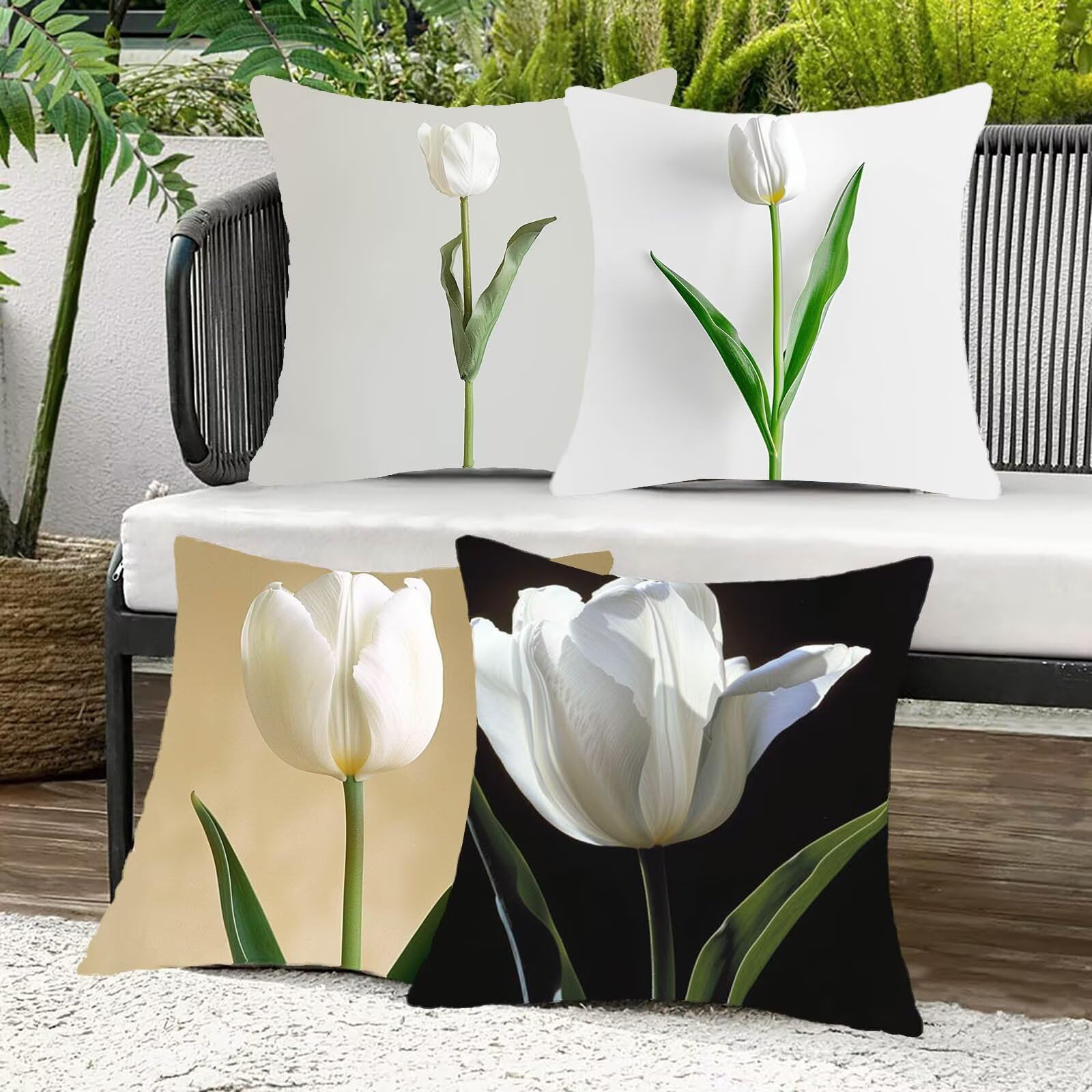 Kissenbezug 60x60 cm Blume 4er Set Sofakissen Superweichem Doppelnähten Versteckter Reißverschluss Weiß Outdoor Kissen Leinen gelten für Auto Terrassen-Gartenbank Wohndeko Schlafzimmer Sofa P-S