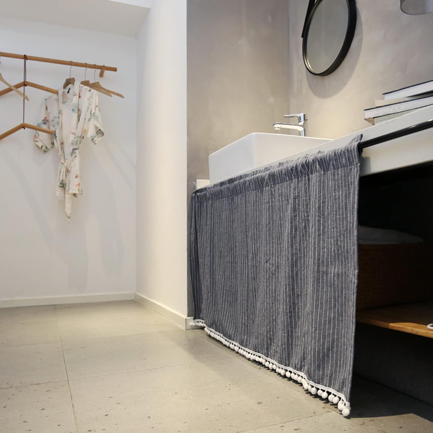 A.Monamour Short Curtain for Small Window Farmhouse Opaque Cotton Linen Grey Striped Window Treatment Valance Window Panel Drapes Half Curtain for Kitchen Café Bedroom Cabinet Curtain Door Curtain