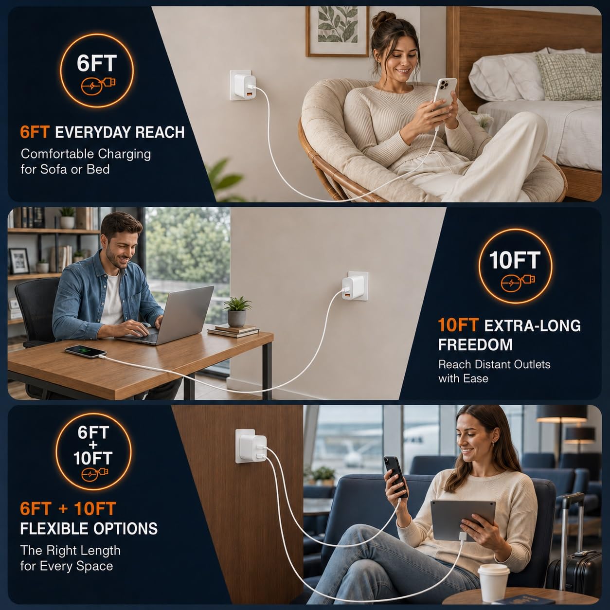 Caricabatterie a doppia porta da 40 W con cavi da 1,8 m e 3,5 m per iPhone