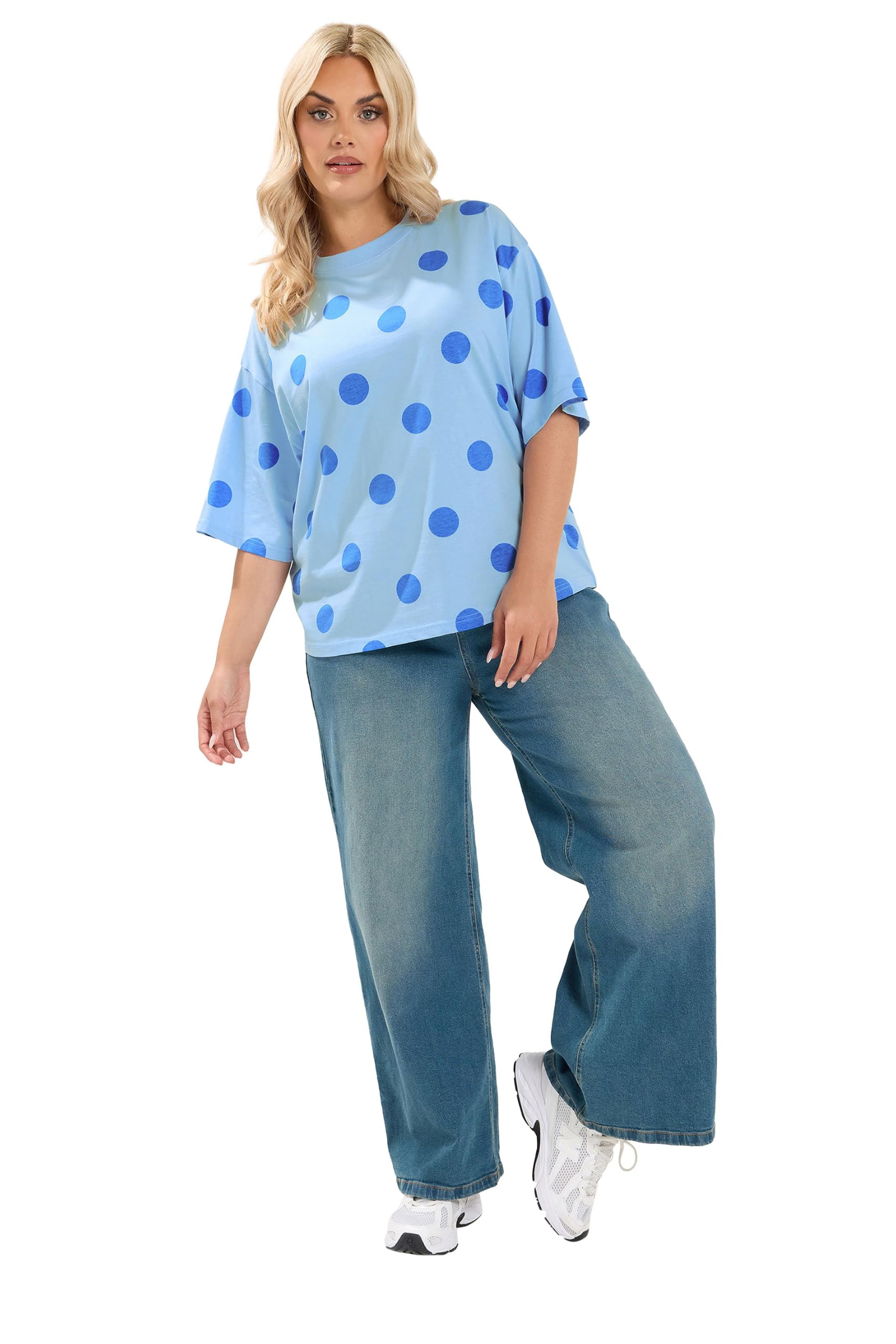 Yours Women's Baby Blue Polka Dot T-Shirt In | Size: 22-24