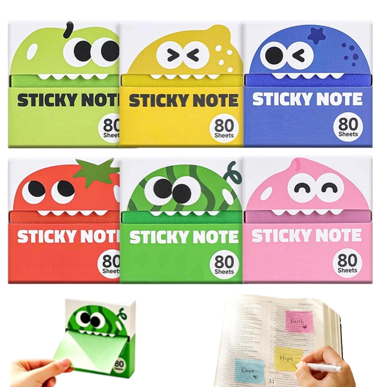 Cute Fruit Monster Pop-Up Sticky Notes Dispenser, Transparent Pearlescent Sticky tabs 80 Sheets, Non Residue Reusable Index Flags, for School Office Students Teachers (1set)