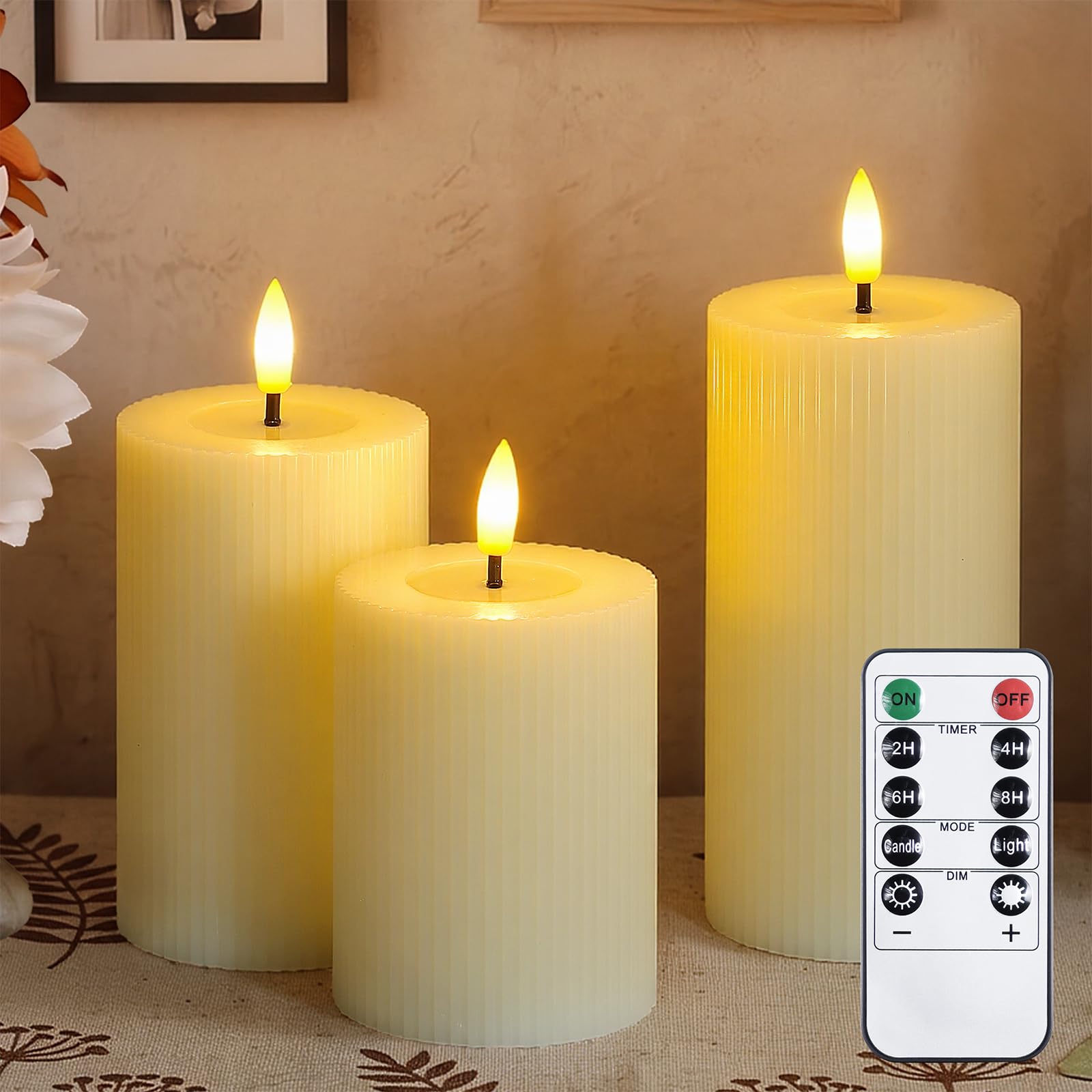 Candele LED senza fiamma con olio di cera, righe verticali, a batteria, effetto tremolante, confezione da 3 candele colonne avorio con telecomando e temporizzazione (7,5cm ×10/12,5/15cm)