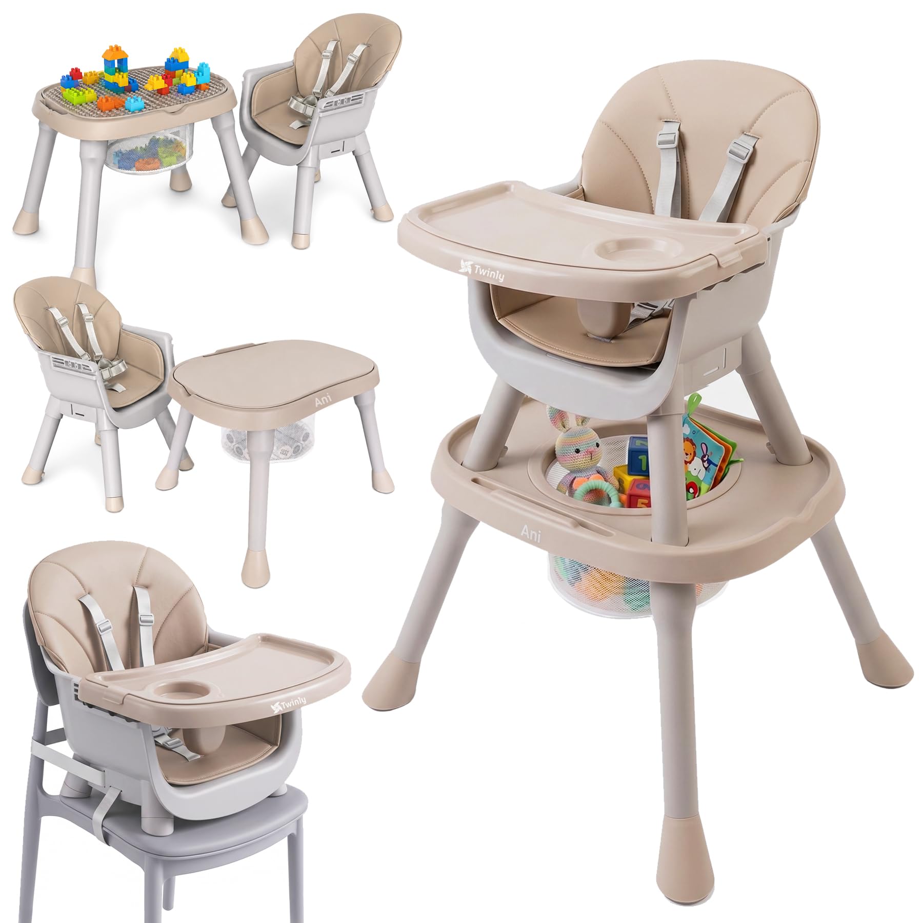 Twinly Ani - Seggiolone 4 in 1, trasformabile in seggiolone per bambini, multifunzione, con vassoio e imbracatura, tavolo e sedia per bambini, fino a 15 kg, colore: marrone