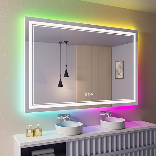 Espejo de baño LED RGB de 60 x 40 pulgadas con luces, espejo LED RGB retroiluminado que cambia de color para baño, espejos de tocador iluminados disponible en Yaxa Mexico