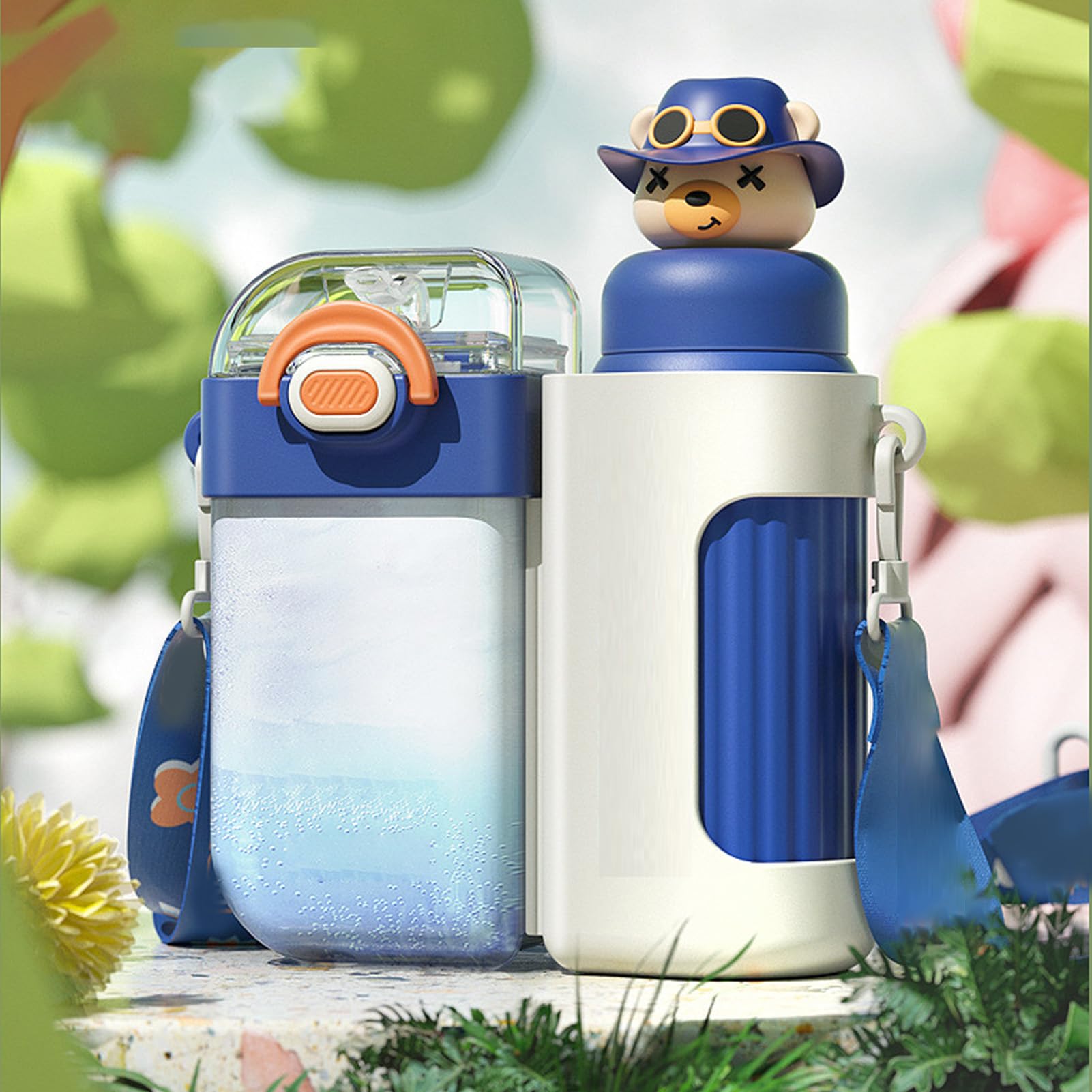 Borraccia Doppia con 2 Scomparti, Bicchiere Termico, Tazza Termica, Grande capacità, 720 Ml, Leggera, a Prova di Perdite, Portatile, con Cannuccia, per Bambini, Viaggi, Scu (Blu)