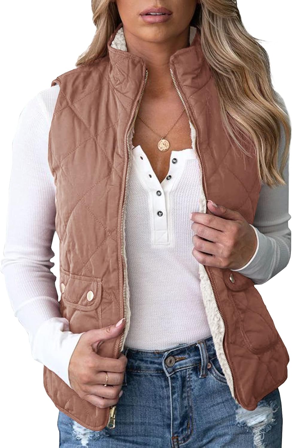 Valphsio Womens Reversible Quilted Sherpa Fleece Vest Lightweight Sports Vest Coat