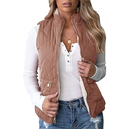 Valphsio Women's Reversible Sherpa Vest Quilted Zip Fleece Padded Gilet with Pockets