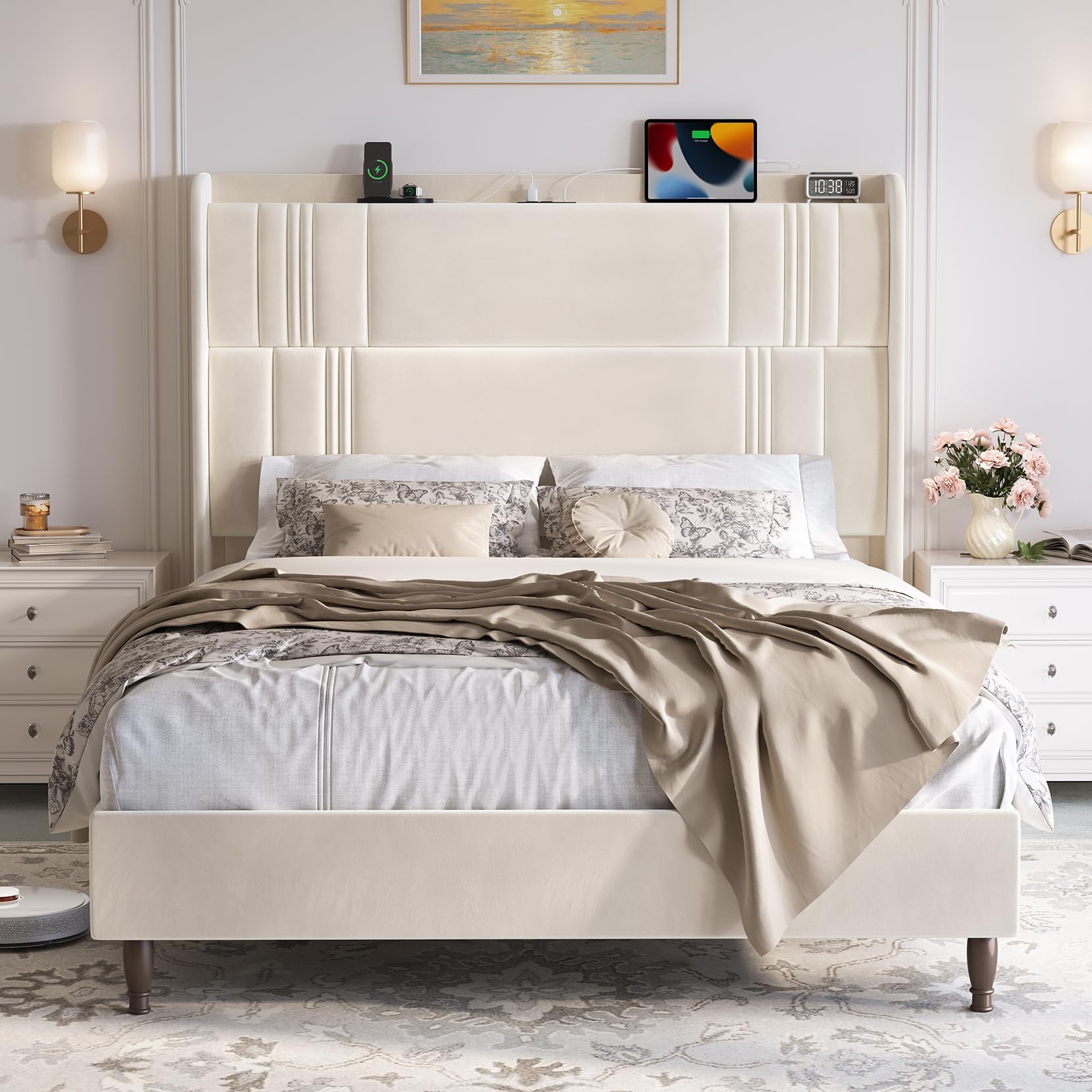 Queen Size Bed Frame with Tall Headboard, 52" Upholstered Platform Bed with Charging Station, Luxury Velvet Bedframe, Curved Wingback Headboard, No Box Spring Needed, Easy Assembly, Sturdy, Beige