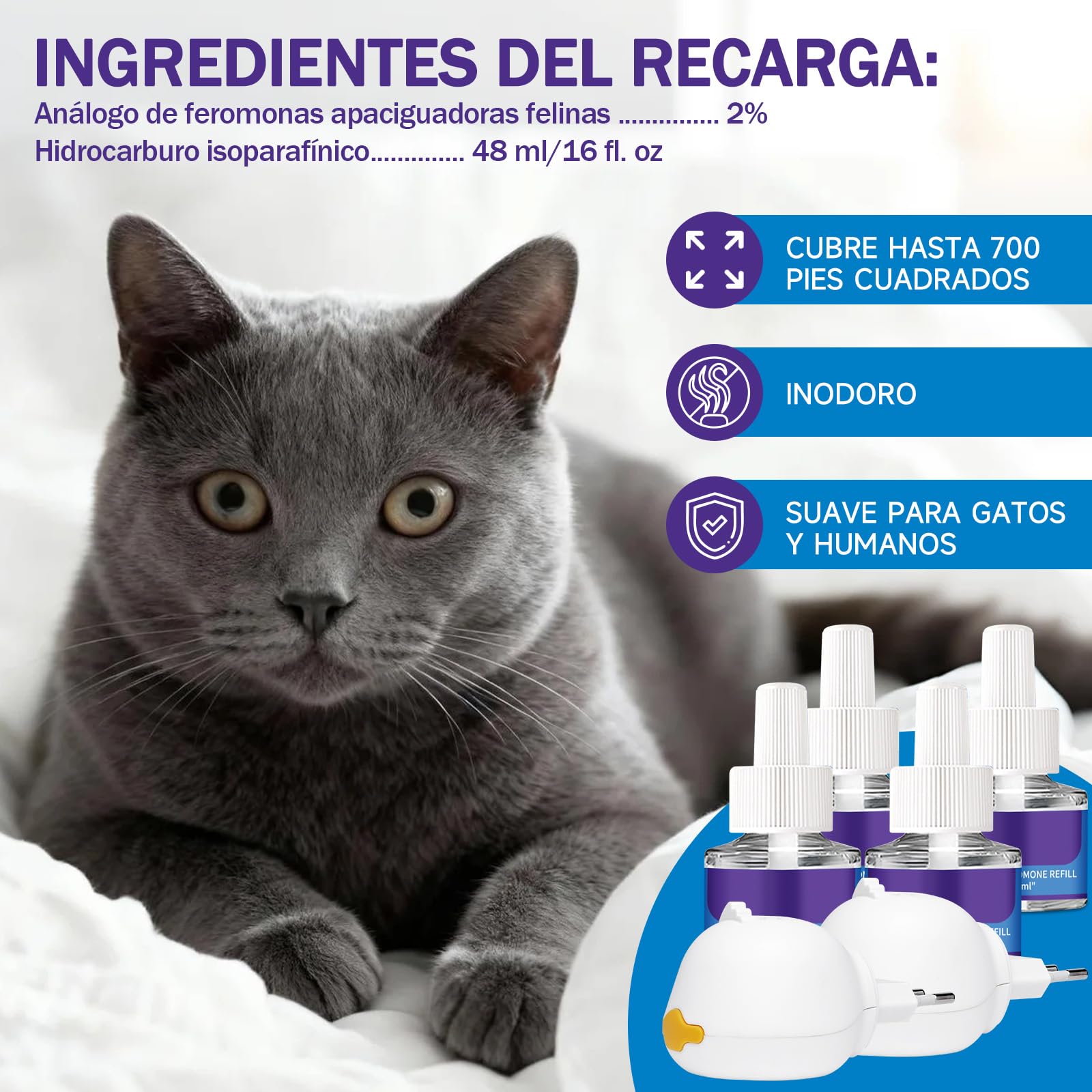 Difusor de Feromonas para Gatos - Enchufe Calmante para Relajación, Kit con 2 Difusores + 4 Recargas de 48ml - 4 Meses de Confort