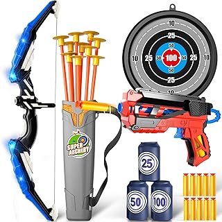Doloowee Bow and Arrow for Kids Toys with LED Lights - 27Pcs Archery Set Includes 1 Bow, 10 Suction Cups Arrows Target and Quiver, Play Indoor and Outdoor for 3 4 5 6 7 8-12 Years Old Boys Girls Toys