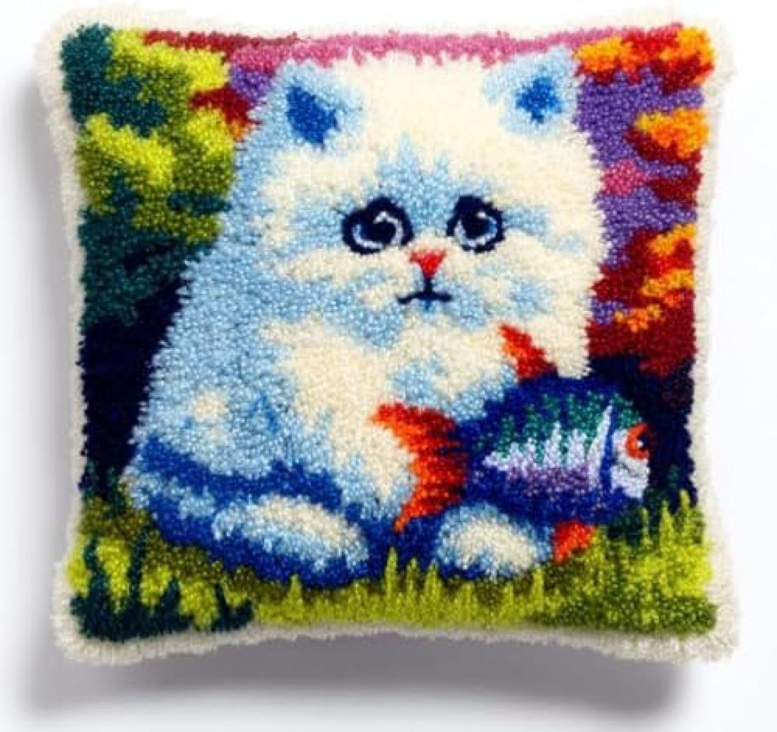 Kitphoenix Multicoloured Diy Latch Hook Cushion Kit Persian Cat Catch Fish,Beginner-Friendly Rug Hooking Pillow Kit,Crochet Craft Cushion Cover For Home Decor,43X43 Cm-2