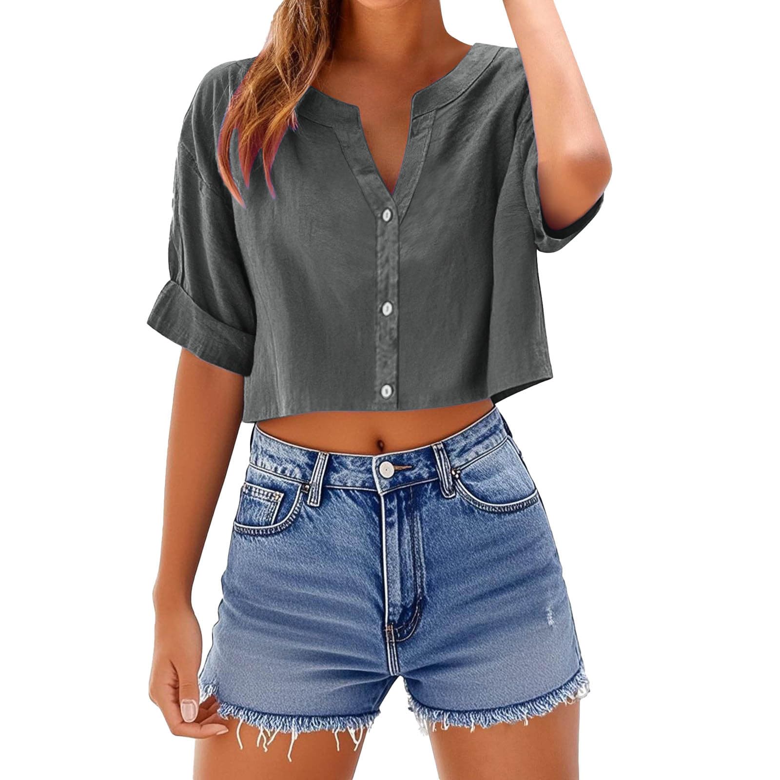 Cotton Linen Crop Tops for Women V Neck Roll Up Button Down Short Sleeve Shirt 2025 Summer Trendy Casual Beach Blouse