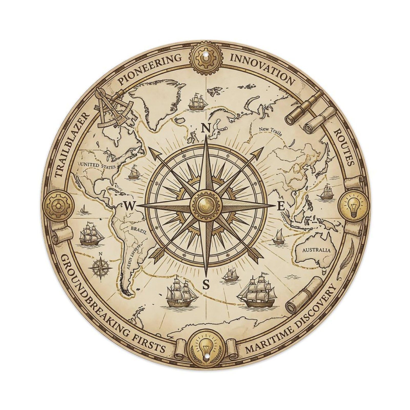 Vintage Nautical Compass World Map Trailblazer Chronicle Metal Tin Sign