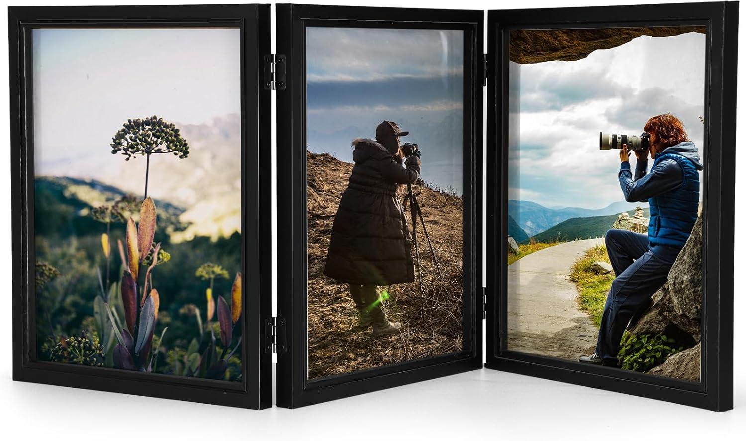 Sintuff 8 x 10 Picture Frames Hinged Fold Photos Frame Collage Vertical with Acrylic Opening Wood Desk Photo Rustic Multiple Desk Family Picture Collage Wedding Supplies(3 Fold Style) Triple Fold Style