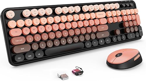 Miniatura 12 de Teclado y mouse inalámbricos, teclado de tamaño completo tipo máquina de escribir con teclas redondas retro, diseño ergonómico, compatible con PC