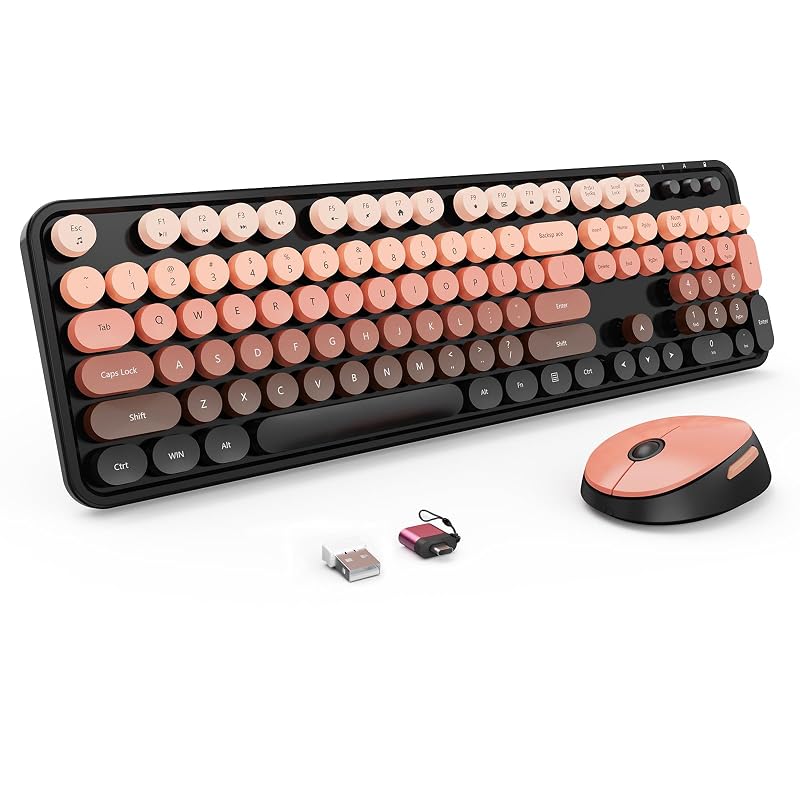 Nowlike Wireless Keyboard and Mouse Combo, Retro Typewriter Keyboard with Round Keycaps, Full-Size Ergonomic, Aurora Red, Ideal for Windows PC, Home, Office, and College
