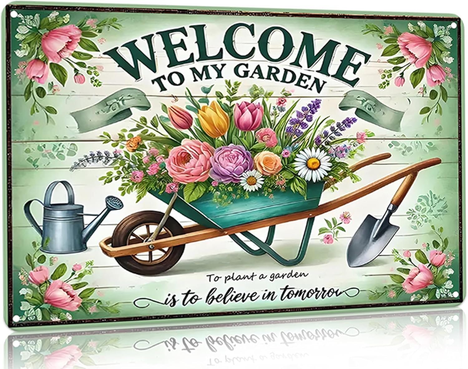 Gardening Gifts for Women, Welcome to My Garden Sign, Vintage Decorative Metal Decor for Outside, Tin Signs for Yard Wall, Outdoor Gardening Gift, 8x12 Inch
