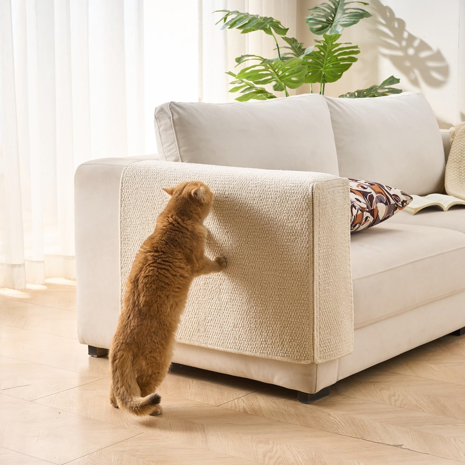Cat Scratch Pad Couch Armrest Protector, Scratcher Cover for Couch Corner, Carpet Scratch Post, Beige (10.2")