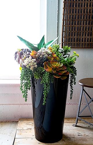 Miniatura 2 de The HC Companies Maceta redonda alta en cascada de 23 pulgadas de alto para exteriores, maceta ligera con autorriego, color negro brillante