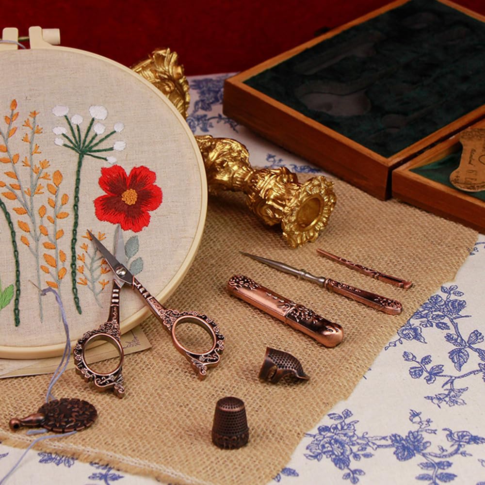 Juego de Tijeras para Bordar Plateadas, Herramientas de Costura de Acero Inoxidable de Alta Gama, dedal, punzón, Caja de Agujas para Coser, Manualidades, Costura