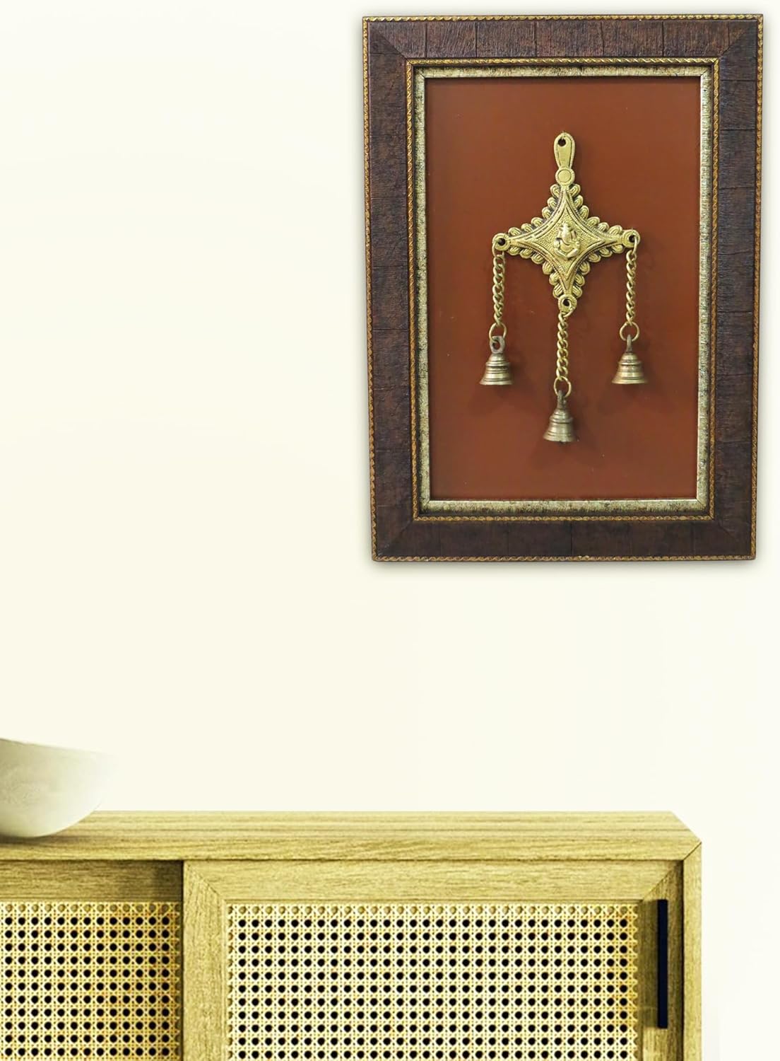 Brass Ganesha Design Hanging Bells Fibre Frame | Wall Hanging Decorative Showpiece | Spiritual Home Decor Fibre Frame