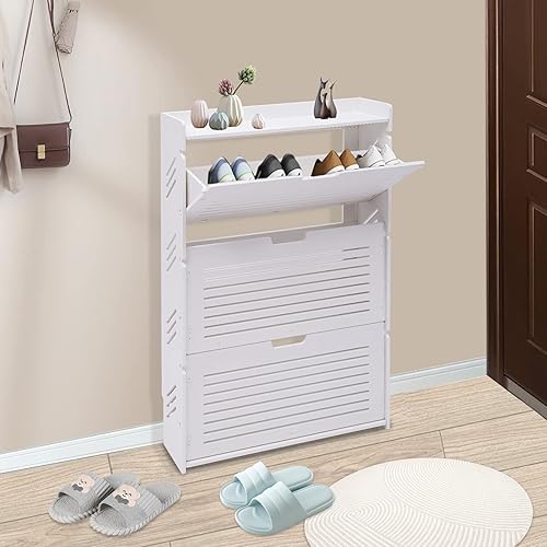 DYRABREST Zapatero blanco organizador de 3 capas con 3 cajones abatibles moderno armario de almacenamiento de zapatos estantes de zapatos ultrafinos