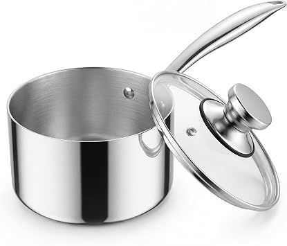 Homikit 1 Quart Saucepan, Tri-Ply Stainless Steel Sauce Pan with Lid, 1QT Small Induction Cooking Pot with Ergonomic Handle, Small Pan for Making Sauce, Warming Milk, Boiling Eggs, Dishwasher Safe