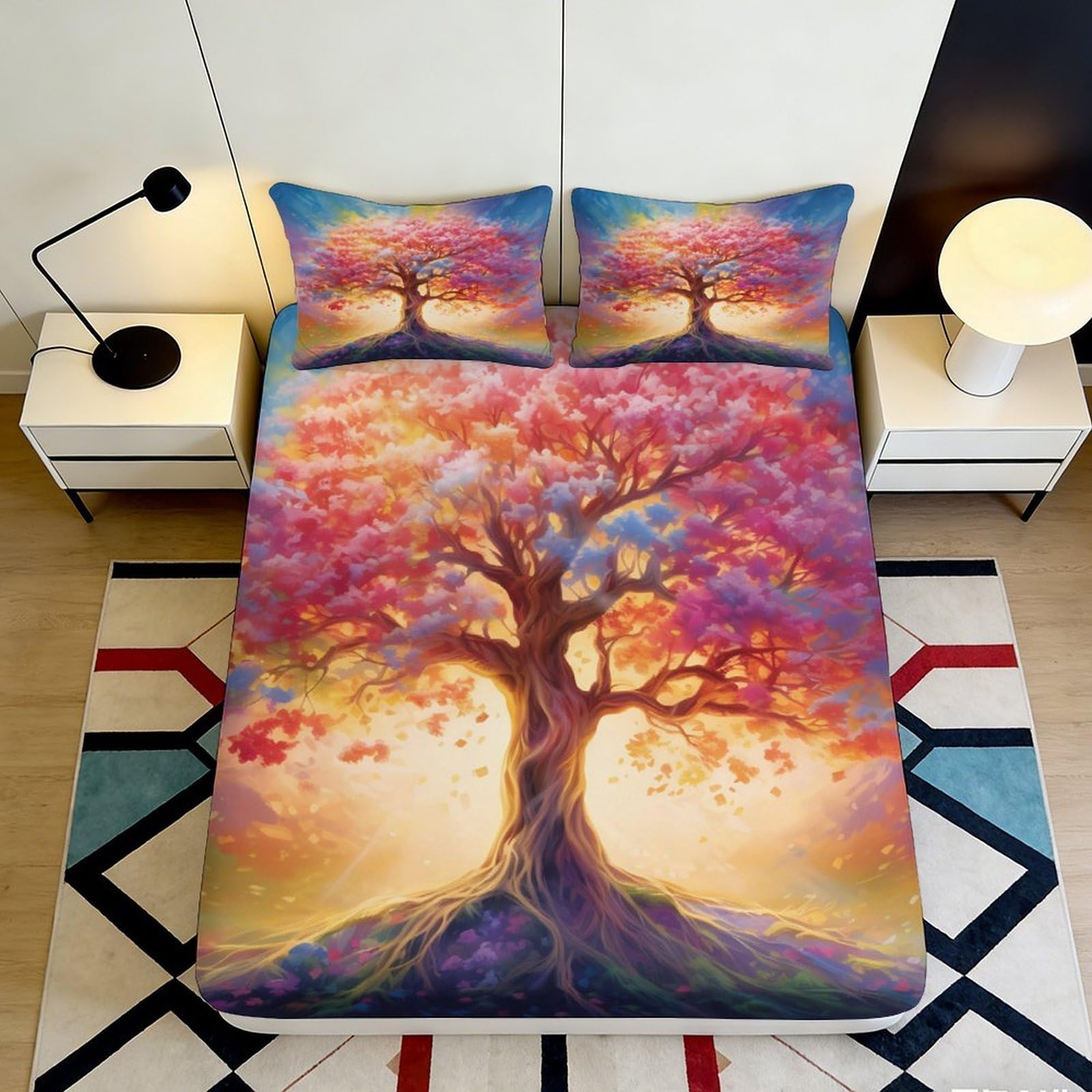 3D Printed Sunset Tree Fitted Sheet Microfiber Soft Anti-Slip Sunrise Forest Mattress Cover for Bedroom Guest Room Decor 90x200x25cm