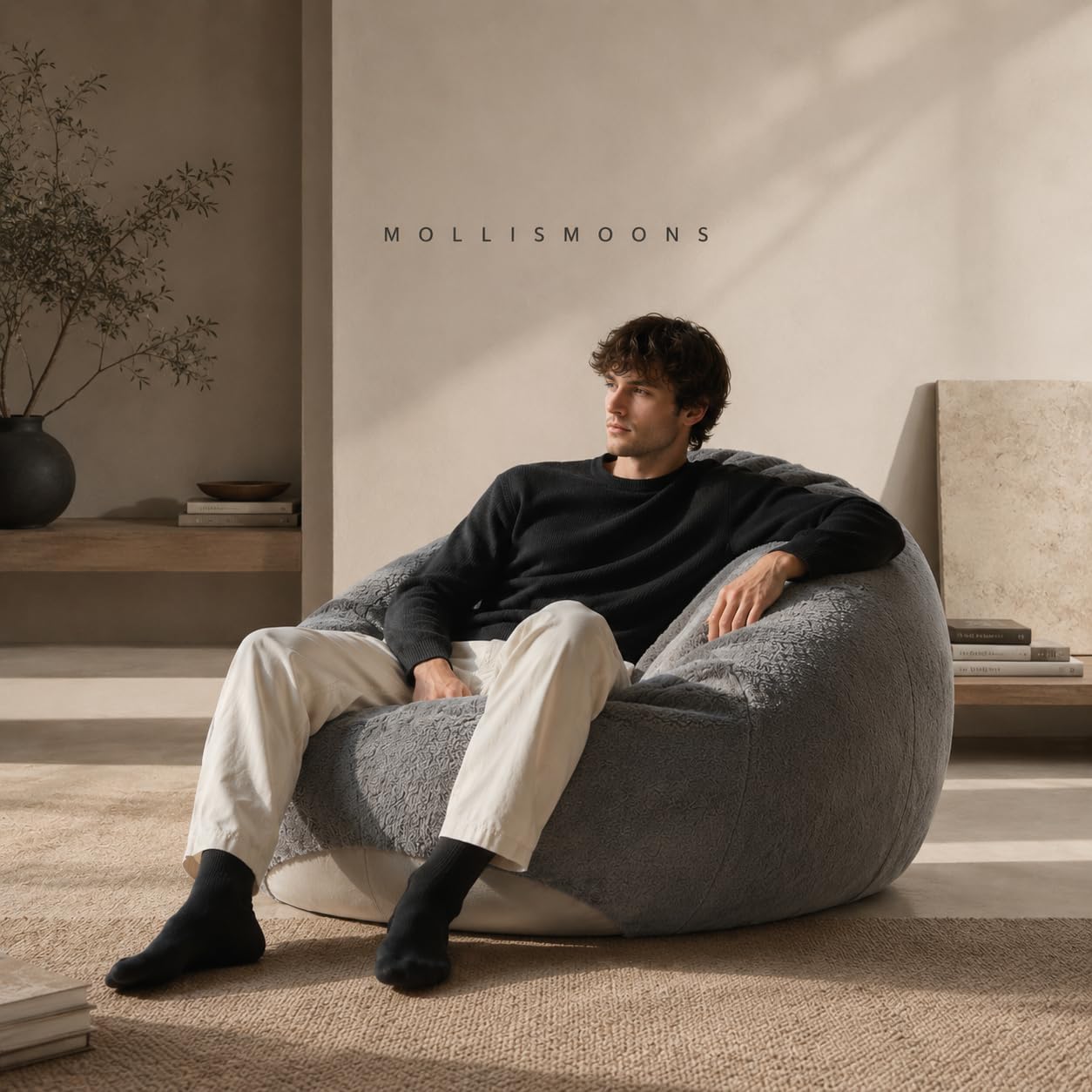 Mollismoons Luxury Faux Fur Bean Bag Chair Ultra Soft Cozy Seating for Study, Gaming & Work from Home, Ergonomic Back Support, Round & Teardrop, 55x33 Inch Grey (XXXL Bean Bag Cover Without Beans)