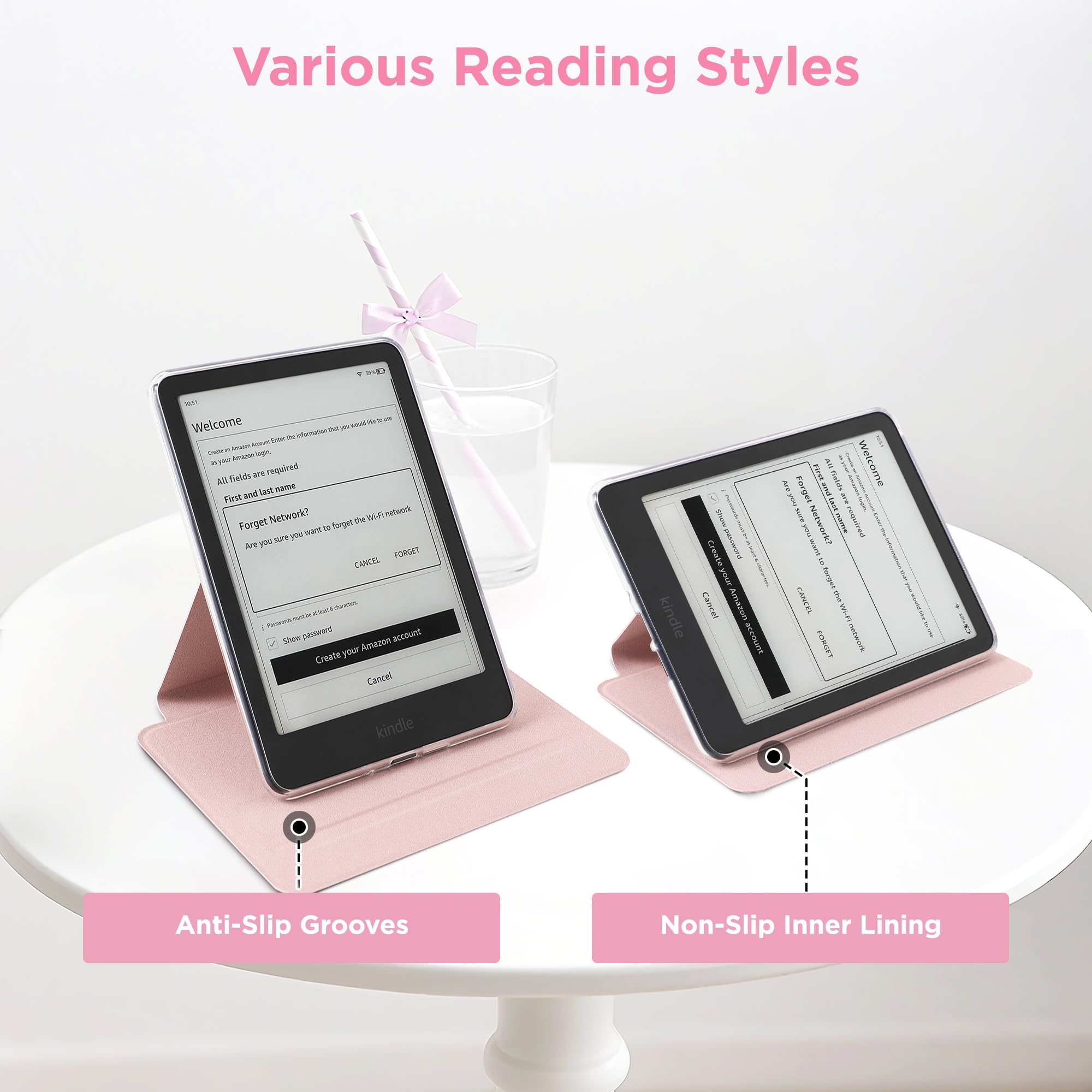 Vane Oak Magnetische, abnehmbare 2-in-1-Ständerhülle mit Anti-Rutsch-Rillen für Kindle 2024 und 2022 (11 Generation), schlanke PU-Schutzhülle mit automatischer Wake/Sleep-Funktion, Rosa