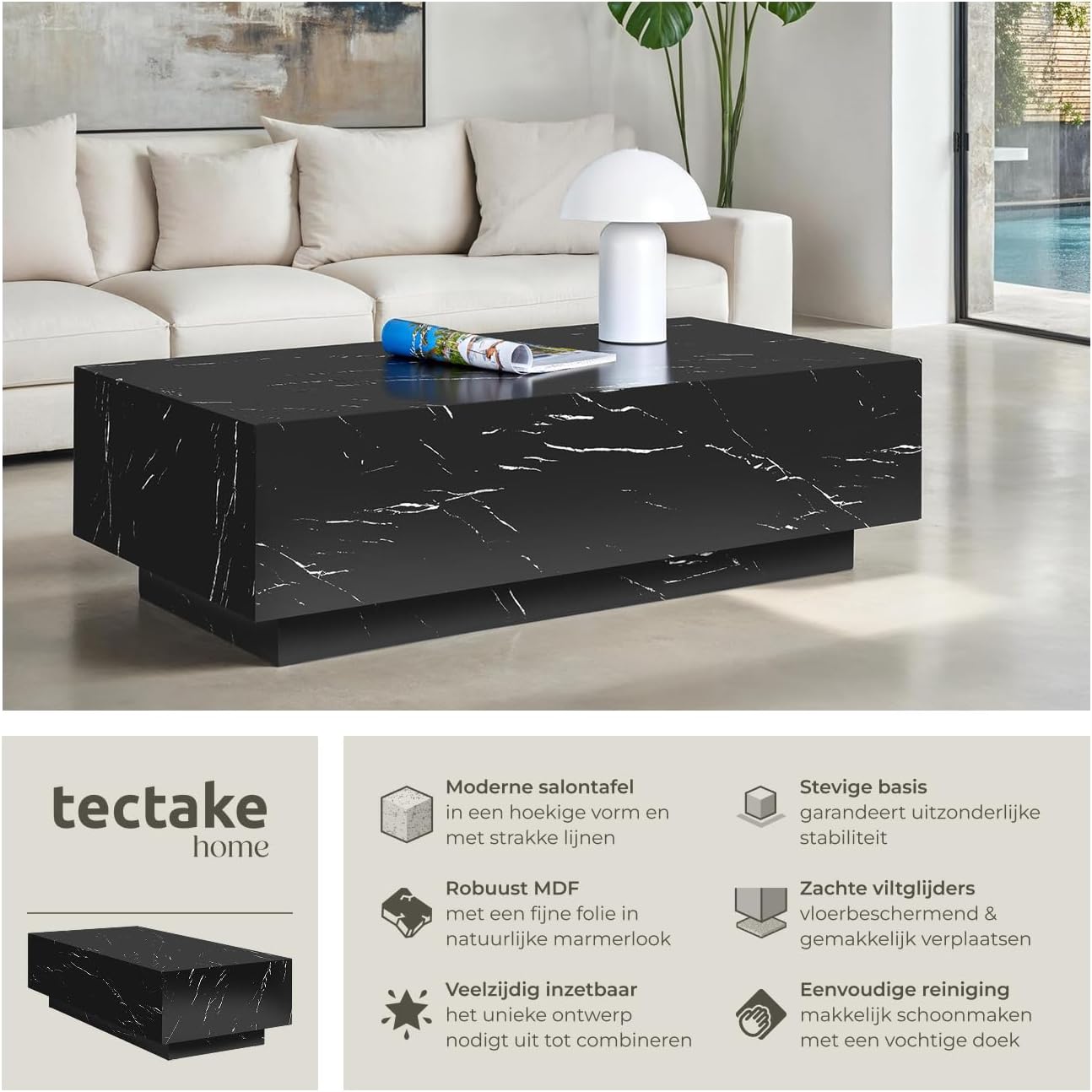 Diagram illustrating key features of the tectake Lasley coffee table, including robust MDF, stable base, felt pads, and easy cleaning.