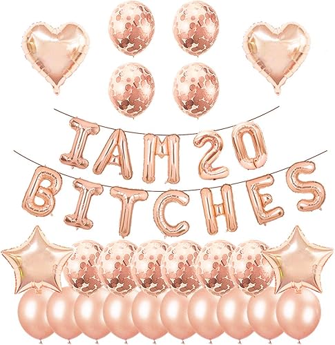 Juego de fiesta de cumpleaños número 20, con texto en inglés "I am 20 Bitches" (Soy 20 Bitches), globos de confeti de oro rosa para niñas,