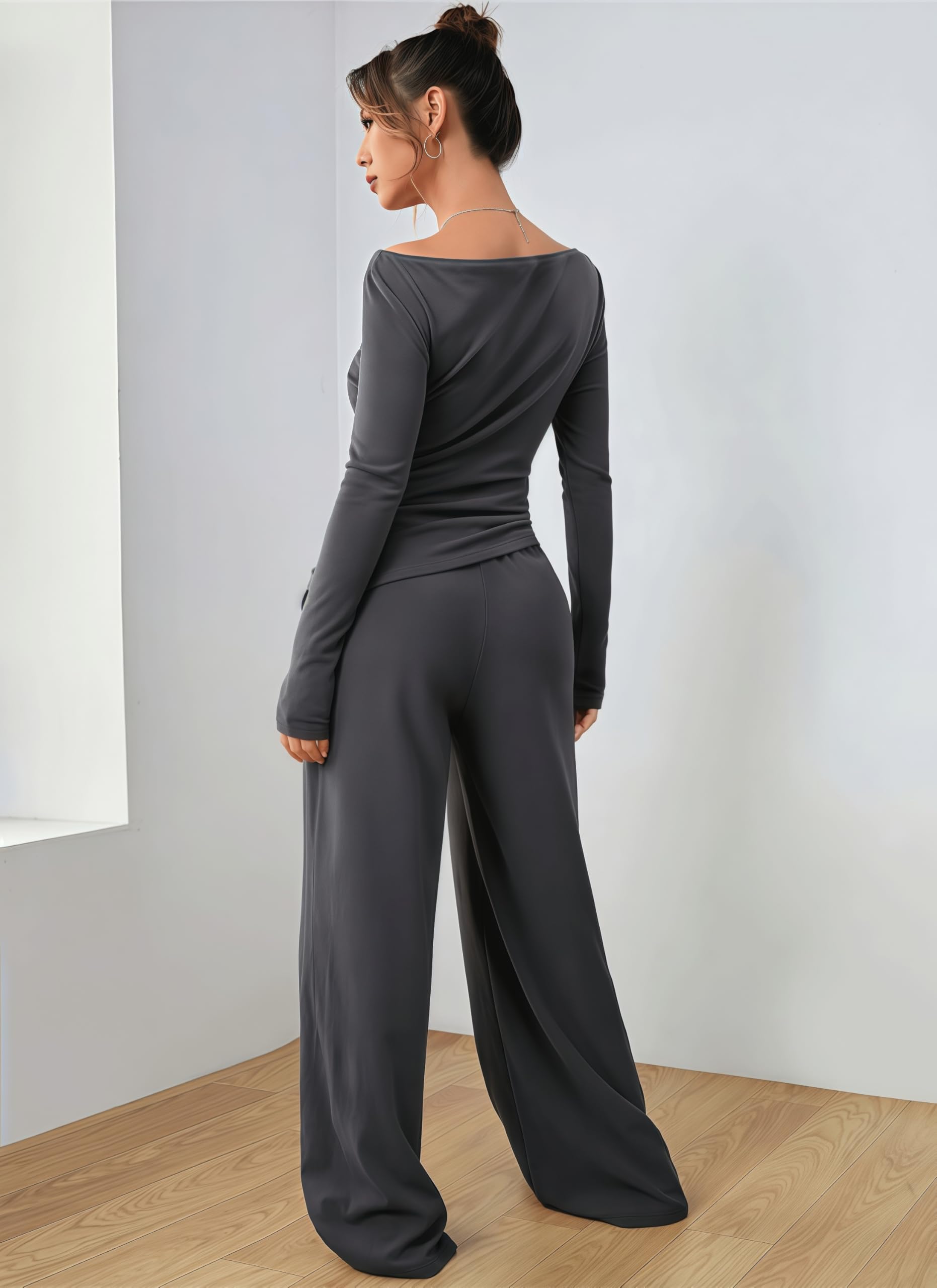 Ensemble Survetement Femme à Taille Haute Tenue de Sport ÉLéGante et DéContractéE Pour Femmes 2-Piece Soft Manche Longue Top Wide Leg Survêtements Ensemble Jogging