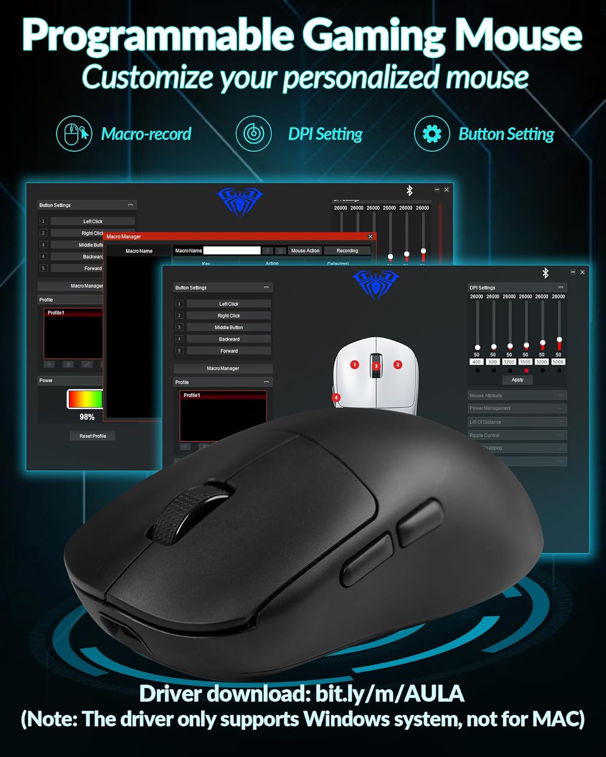 AULA SC800 Wireless Gaming Mouse, Adjustable 26000 DPI, 37g Ultra-Lightweight Mouse, PAW3395 Sensor, 8KHz Polling Rate, Programmable Buttons, Tri-Mode BT5.0/2.4G/USB-C Rechargeable Mouse Gamer(Black)