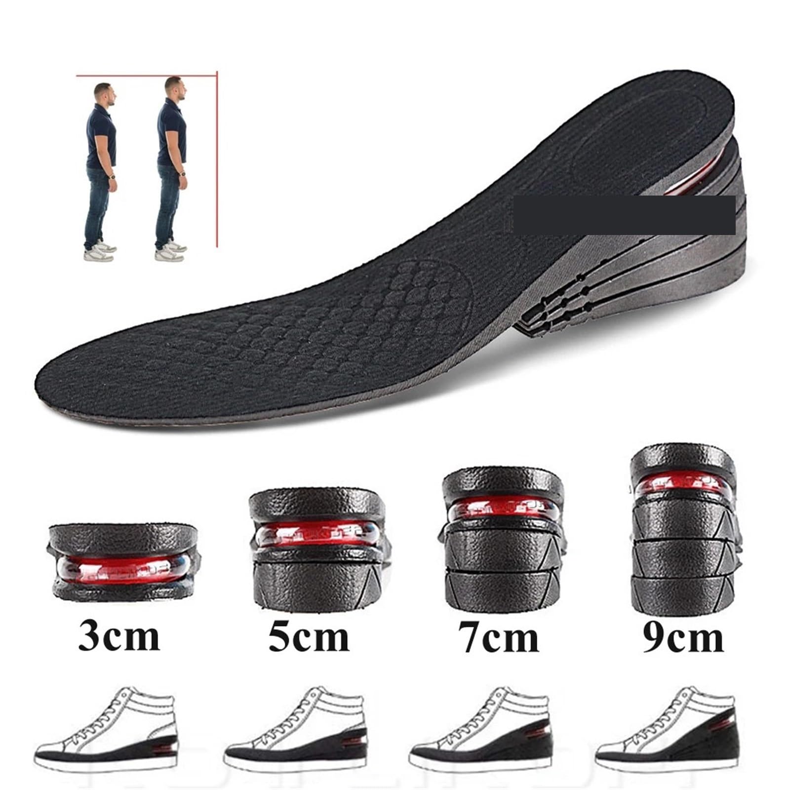 Alzas para el calzado Plantillas invisibles de altura interior 3-9cm, aumento elevación ajustable, inserción talón, soporte más alto(Full pad - 7cm)