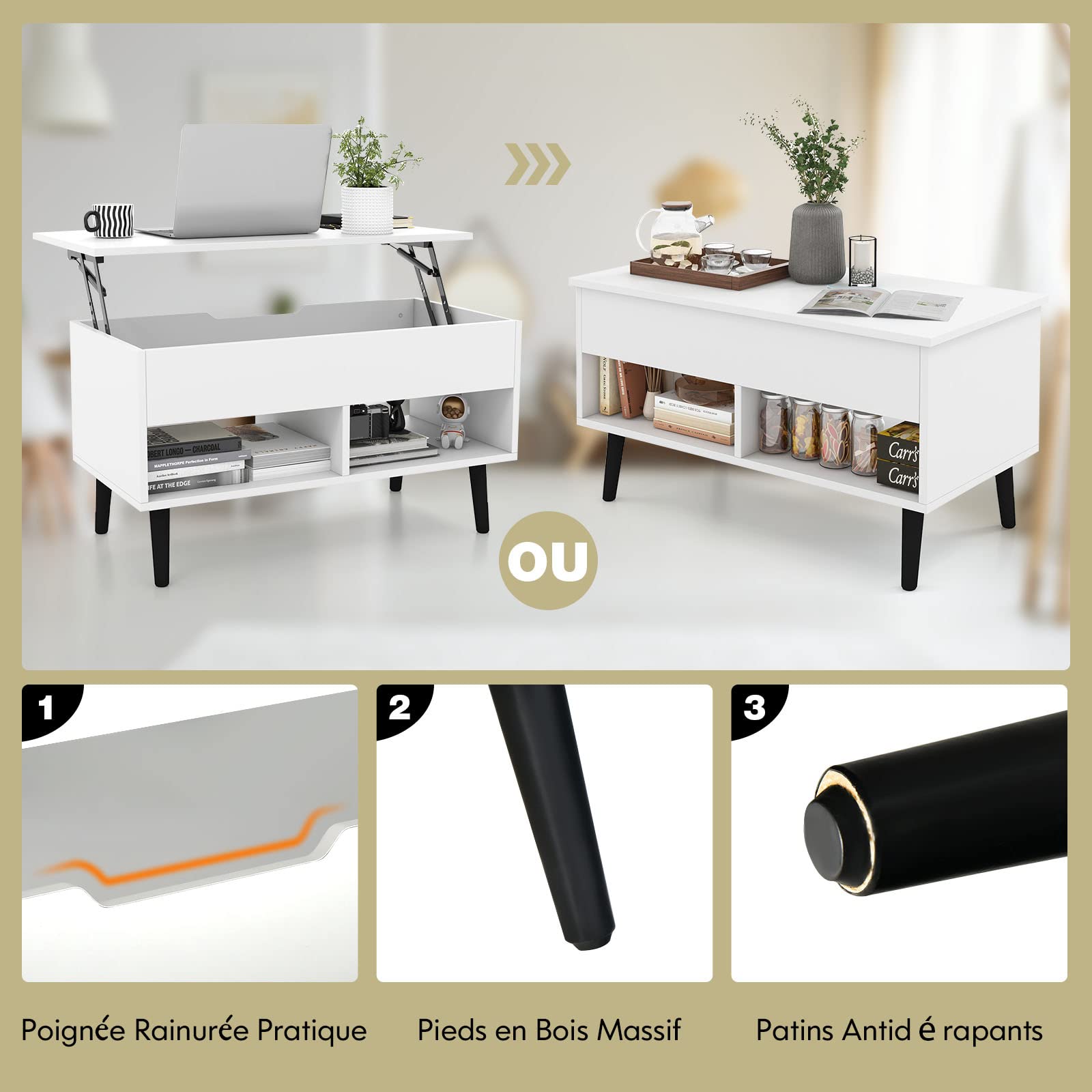 GOPLUS Mesa Baja elevable para Bar de Gas con Bandeja elevable, Mesa Baja con 1 Compartimento Oculto y 2 estantes Abiertos, Patas de Madera para salón, Dormitorio (Blanco)