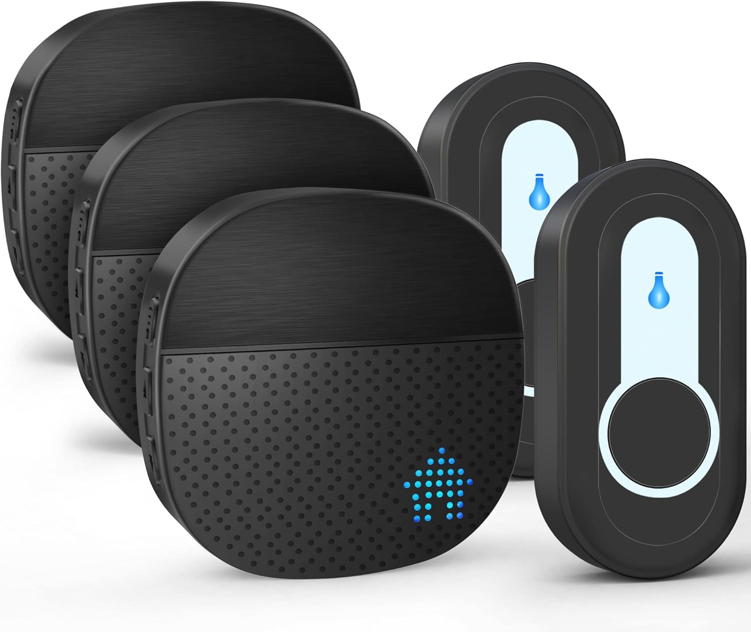 Timbre inalámbrico de 400 m, alcance IP55, exterior, resistente al agua, con 3 receptores enchufables, 2 transmisores con pilas, 55 melodías de sonido, 5 niveles de volumen, indicador LED, color negro